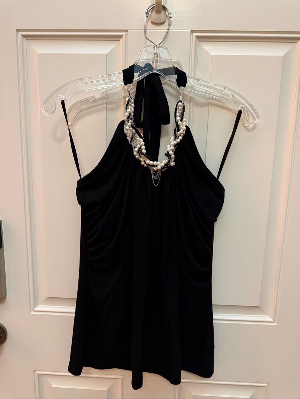 White House Black Market Black Halter Camisole with Pearl Detail